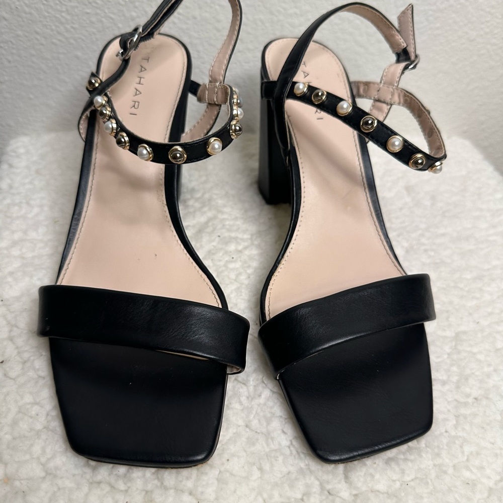 Tahari Brand New Black Heel with pearl strap details.
